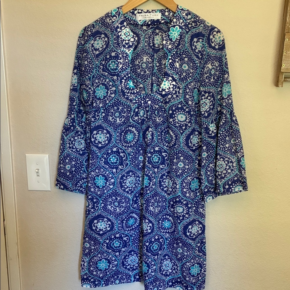 Trina Turk Blue Paisley Floral Boho 3/4 Bell Sleeve Tunic Dress